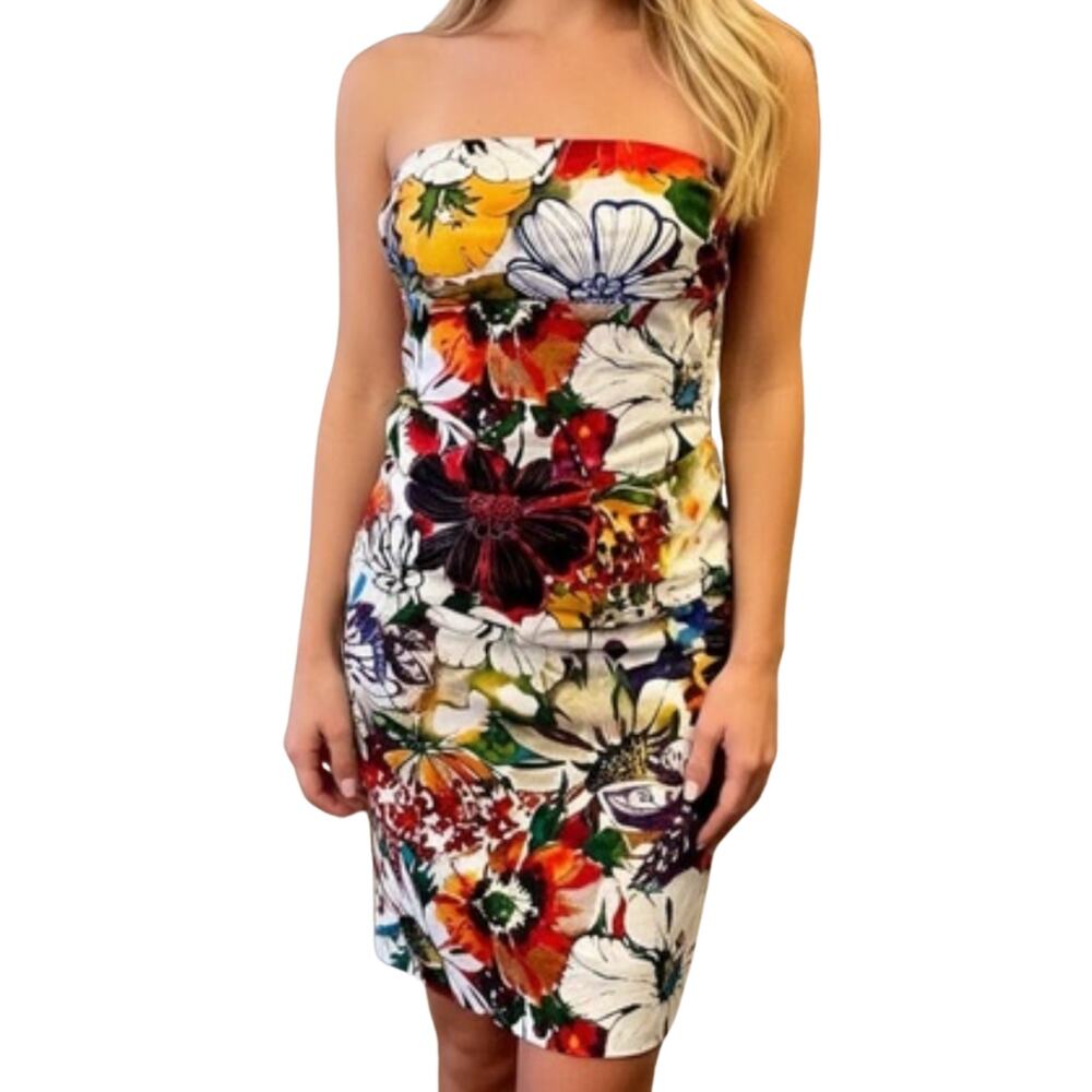 Suzi Chin Orange Green White Floral Ruched Strapless Bodycon Mini Dress Size 8